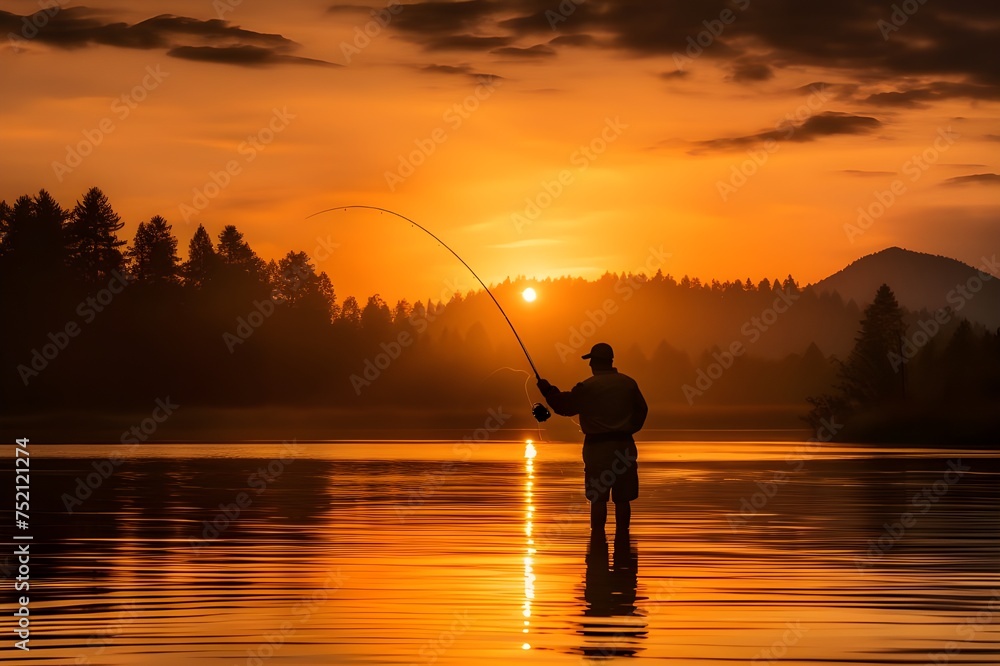 Golden Hour Fishing: A lone fisherman silhouetted against a golden sunset, casting a line into a tranquil lake.

