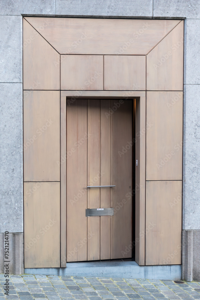 Wooden door, Modern entrance door, Outdoor exterior architecture background Wooden door, Modern entrance door, Outdoor exterior architecture background