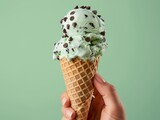 Hand holding a mint ice cream cone with chocolate chips realistic simple background just hands mint background.
