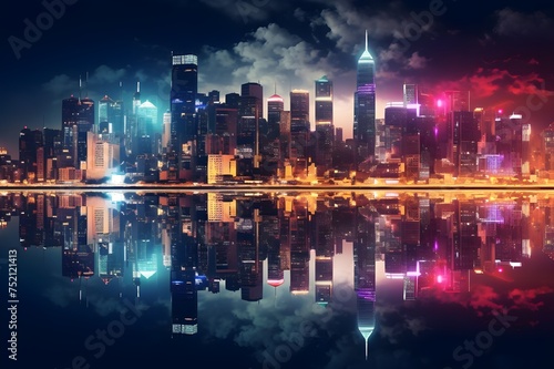 City Lights Reflection  Nighttime cityscape reflecting in a still body of water  creating a magical mirror effect.  