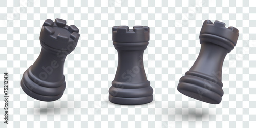 Black realistic chess rook in vertical and tilted position. Chessman, element of strategic game