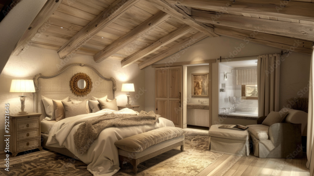 A warmly lit, rustic-styled bedroom featuring a large comfortable bed, wooden beams, and elegant decor A warmly lit, rustic-styled bedroom featuring a large comfortable bed, wooden beams, and elegant decor