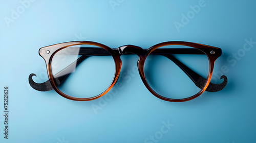 A pair of round glasses with party mustache on a bright blue background,A pair of round glasses with party mustache on a bright blue background,A felt mustache and eyeglasses on blue background with 