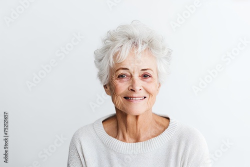 Portrait of a happy senior woman looking at camera over white background