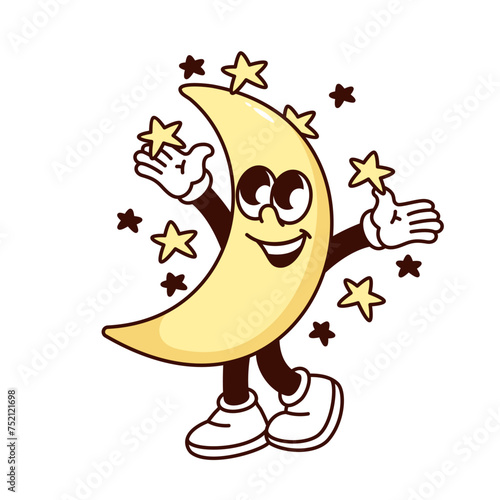 Groovy happy crescent moon cartoon character with stars. Funny retro yellow moon cheers with open hands, starry clear sky and weather mascot, cartoon sticker of 70s 80s style vector illustration