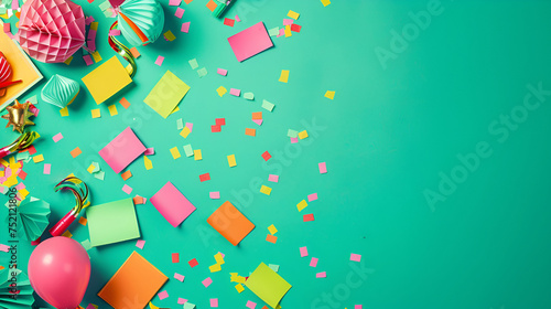 Festive decor for Birthday, New Year, party and carnival,Blue background for birthday party with colorful stars and confetti. Present with copy space