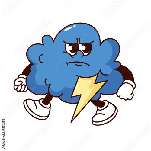 Groovy angry cloud cartoon character with lightning bolt. Funny retro blue storm cloud walking, thunderstorm and rainy weather mascot, cartoon raincloud sticker of 70s 80s style vector illustration