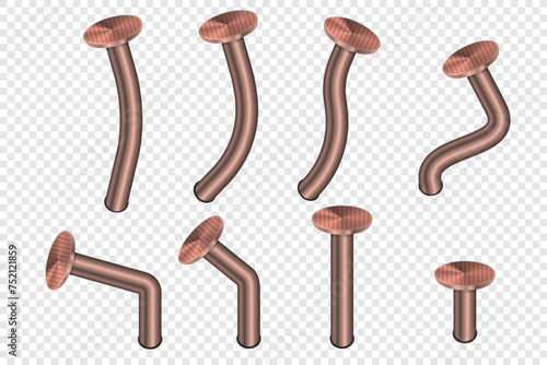 Realistic old bent iron nails hammered into wall. Vector 3d illustration isolated on transparent background.