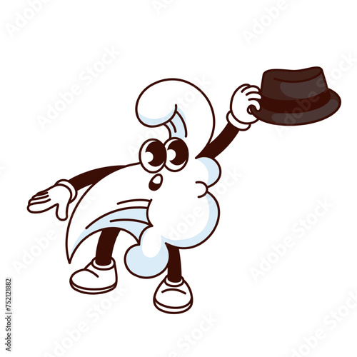 Groovy cloud cartoon character in strong wind. Funny retro cloud catching hat to hold with surprise expression, hurricane and windy weather mascot, cartoon sticker of 70s 80s style vector illustration