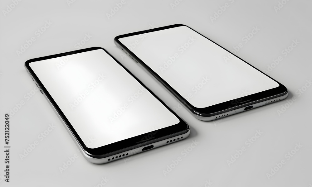 Two modern smartphones with blank screens lie side by side on a white surface. Technology demonstrations and app mockups. AI Illustration Two modern smartphones with blank screens lie side by side on a white surface. Technology demonstrations and app mockups. AI Illustration