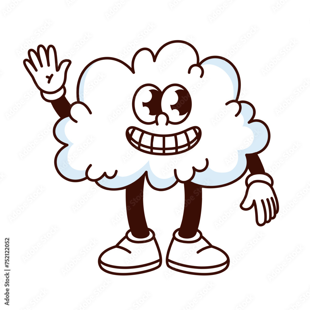 Groovy cloud cartoon character greeting with funky smile. Funny retro white bubble cloud showing happy grin with teeth, cloudy weather mascot, cartoon sticker of 70s 80s style vector illustration Groovy cloud cartoon character greeting with funky smile. Funny retro white bubble cloud showing happy grin with teeth, cloudy weather mascot, cartoon sticker of 70s 80s style vector illustration