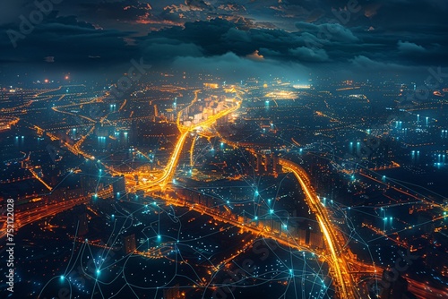 a city with lights and roads
