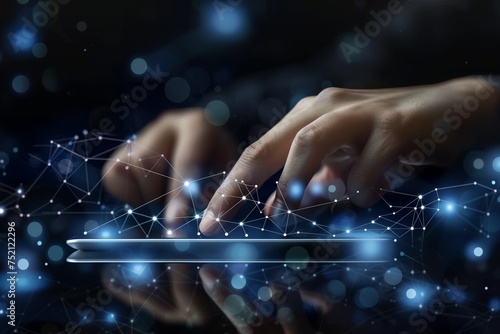 Abstract background of business man touching tablet screen. Technology connection Dots and lines for futuristic cyber technology and network connection.