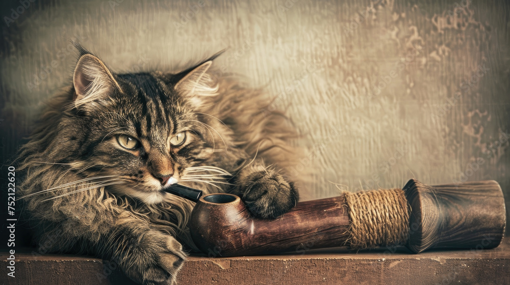 A cat rests comfortably on the ground, holding a pipe in its paws - obrazy, fototapety, plakaty 