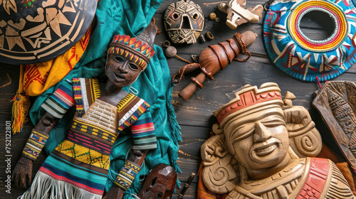 A colorful collection of African and Pre-Columbian artifacts  including masks  textiles  and pottery  showcasing cultural heritage