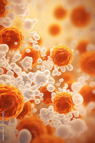 
Hypersensitivity Reactions: White blood cells involved in allergic reactions, against a cautionary amber background photo