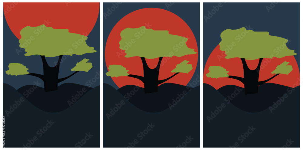 Interior painting design with Baobab and sunset. Postcard with Symbol Africa. Set posters with asian Bansai tree. Vector illustration can used web panner poster postcard cover. EPS 10 Editable stroke 