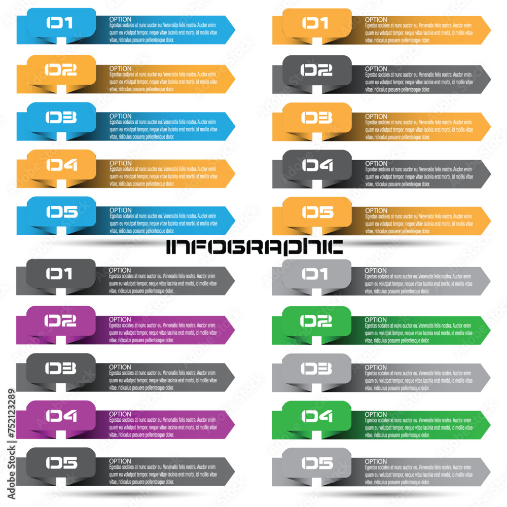 Collection infographics with steps and options, banner for business design and website template. Collection infographics with steps and options, banner for business design and website template.