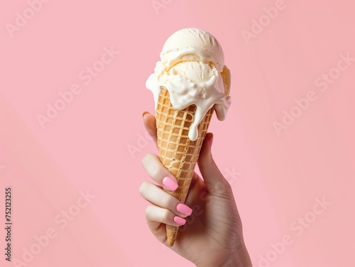 Hand holding a melting vanilla ice cream cone realistic simple background just hands hot pink background.