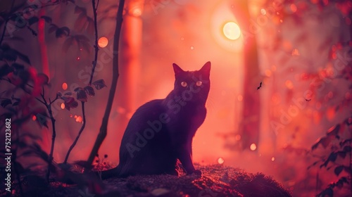 Black Cat in the forest against a moon