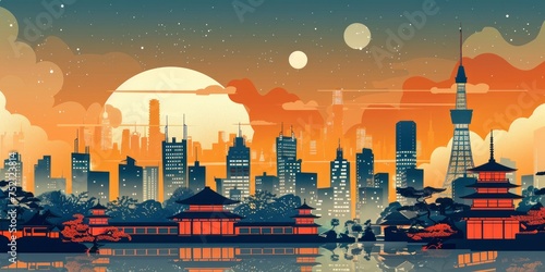 Japanese Urban Majesty, Skyline of a Vibrant Japanese City, Blending Modernity with Timeless Tradition © EMRAN