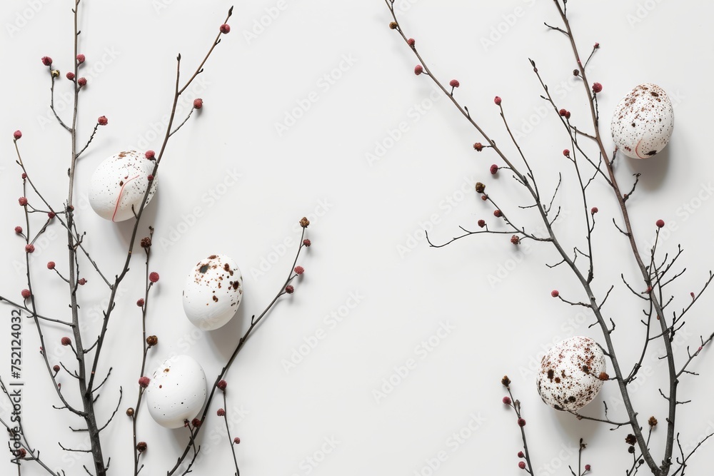 happy easter. easter eggs and twigs on a white background happy easter. easter eggs and twigs on a white background