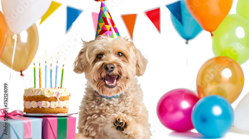 Birthday dog with balloons and a cupcake ,Labrador retriever dog with a birthday cake and a party hat