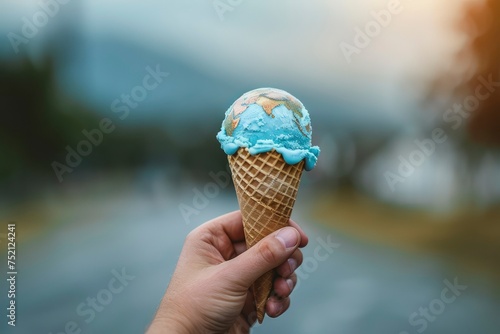 A person's hand presenting an Earth-decorated ice cream cone, in a natural setting with mountains in the background. Generative ai 