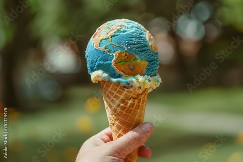A conceptual image of a hand holding an melting ice cream cone designed to look like the Earth, with a bokeh background. Global warming concept 