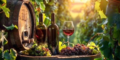 Scenic Countryside Delight, Bottles and Wine Glasses Arranged Amidst Lush Grape Vines and Wooden Barrels, Evoking the Essence of Wine Country Tranquility.