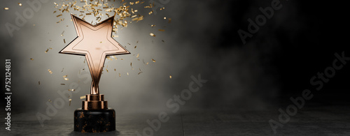 Top Performance Award. Gold star on a blue background as a reward. Winners Cup. Winner certificate. First place in a computer game. Achievements. Victory. Golden confetti. 3D rendering.