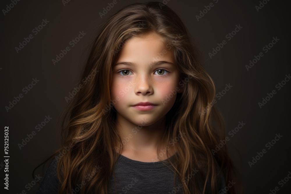 Portrait of a cute little girl with long brown hair. Studio shot.