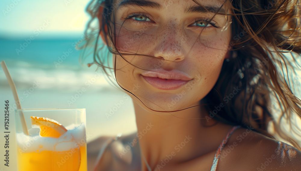 A young girl holds a fruity cocktail on a beach vacation, radiating refreshment and holiday joy. This vibrant image captures the essence of tropical relaxation, refreshing beach getaway.