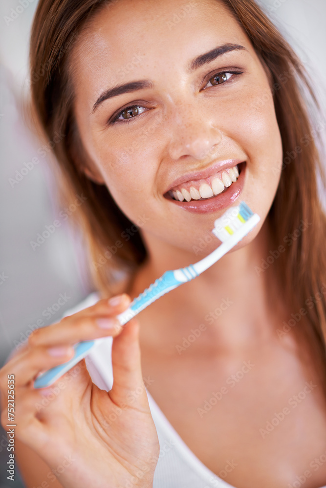 Oral care, happy and portrait of woman with toothbrush for health, wellness and clean routine for hygiene. Dental, smile and young female person with toothpaste for dentistry teeth or mouth treatment Oral care, happy and portrait of woman with toothbrush for health, wellness and clean routine for hygiene. Dental, smile and young female person with toothpaste for dentistry teeth or mouth treatment