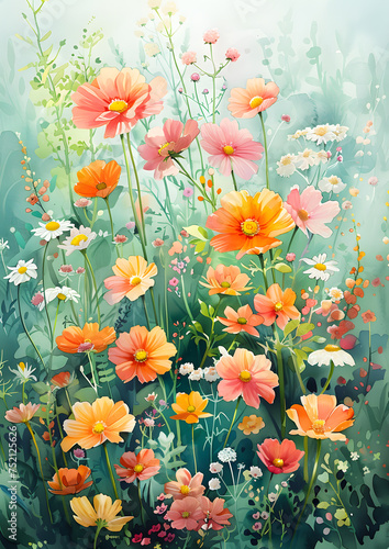 Vibrant art depicting a field of colorful flowers and lush green grass