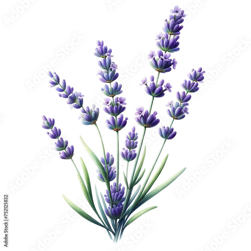 A single lavender sprig watercolor clipart  with purple flowers and green stems  isolated on white  embodying calm and tranquility  PNG