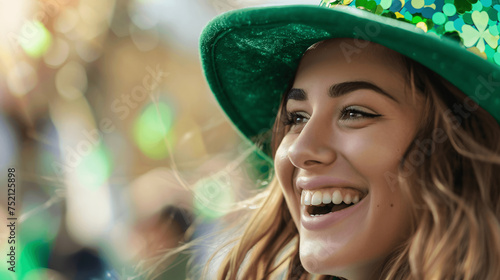 Create a portrait of a girl wearing a green hat, symbolizing Saint Patrick's Day festivities. Position her at the bottom of the composition, allowing for the incorporation of iconic Saint Patrick's Da photo