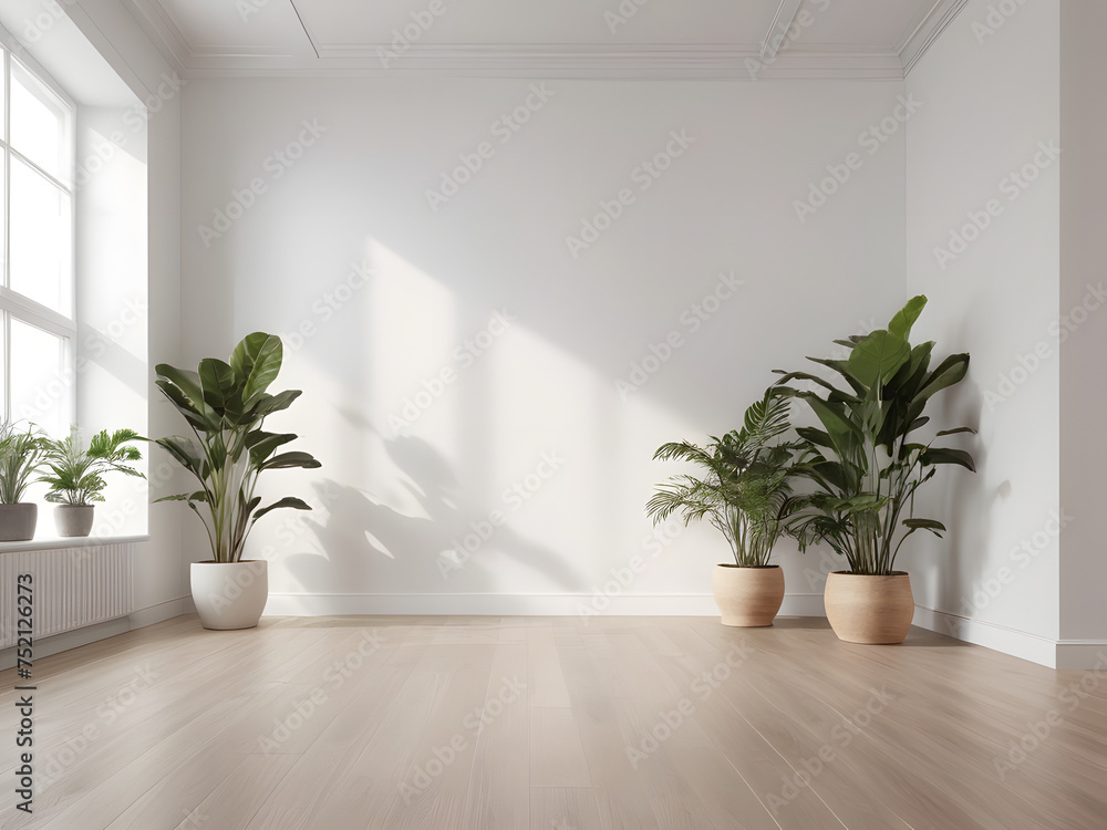 modern interior design of vacant white-walled space featuring a wooden floor adorned with a potted plants