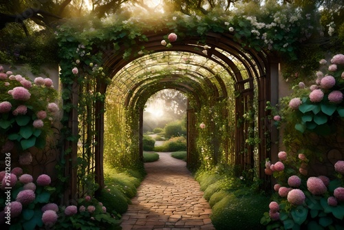 A vine-covered trellis creating a natural archway, leading to a hidden garden of blooming flowers.