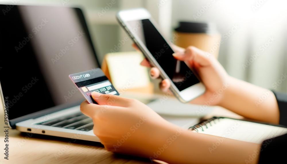 Close-up photo of hands holding a credit card and a smartphone with a laptop in the background portraying online shopping and digital payment Close-up photo of hands holding a credit card and a smartphone with a laptop in the background portraying online shopping and digital payment