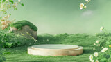 Podium spring background 3d green product, beauty table, display stand on nature background. Spring garden cosmetic podium background