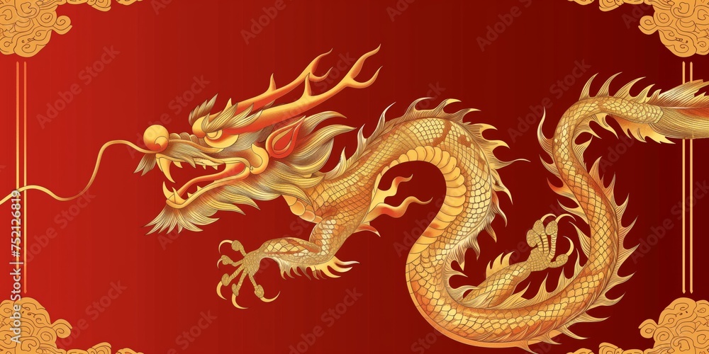 Golden dragon with frame on red background, decorative Chinese backdrop, precarious balance. Happy Chinese New Year, harmonious balance, copy space. Golden dragon with frame on red background, decorative Chinese backdrop, precarious balance. Happy Chinese New Year, harmonious balance, copy space.