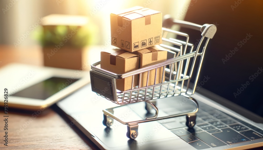 Image of a shopping cart with boxes on a laptop, symbolizing online shopping and digital commerce
