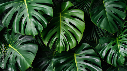 Background of Monstera leaves in deep green, creating a vibrant and tropical texture
