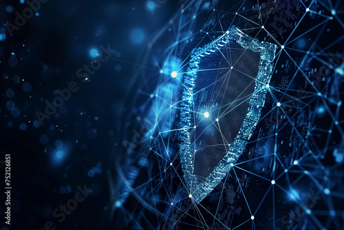 Digital network of particles forming a shape of a shield