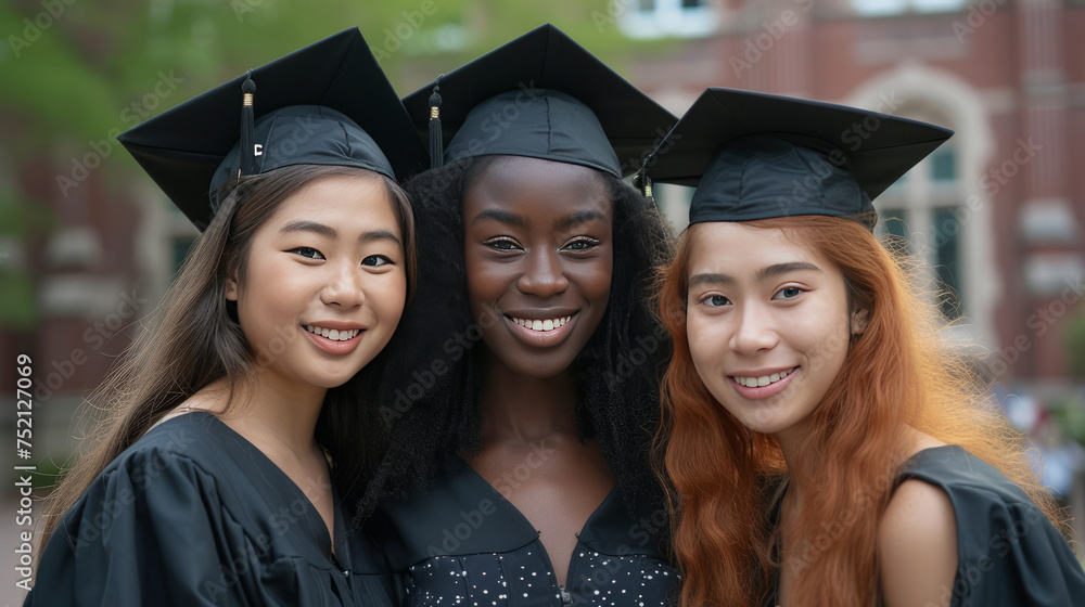 Portrait of three ethnically diverse graduating students wearing a black gown and graduation cap.