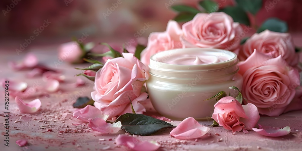 Floral Elegance: Cream Jar adorned with Pink Roses on a Pink Background. Concept Floral Elegance, Cream Jar, Pink Roses, Pink Background