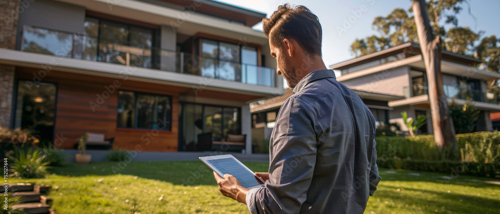 Modern Homeowner Evaluating Smart Home Features on Tablet Outside Contemporary House