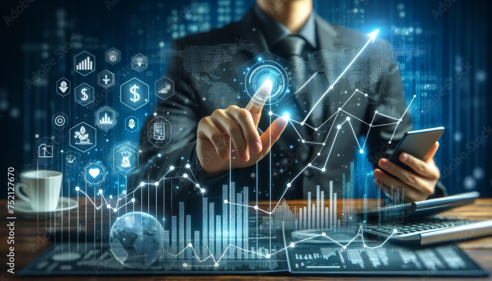 Photo of a businessman interacting with a futuristic growth chart perfect for financial and business designs Photo of a businessman interacting with a futuristic growth chart perfect for financial and business designs