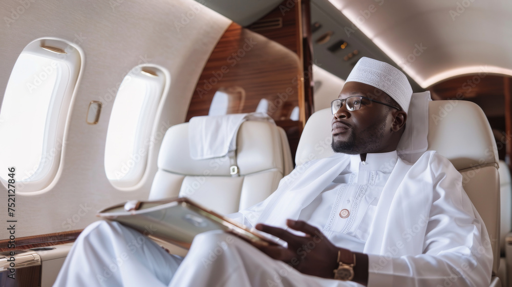 African Businessman in Traditional Attire on Private Jet